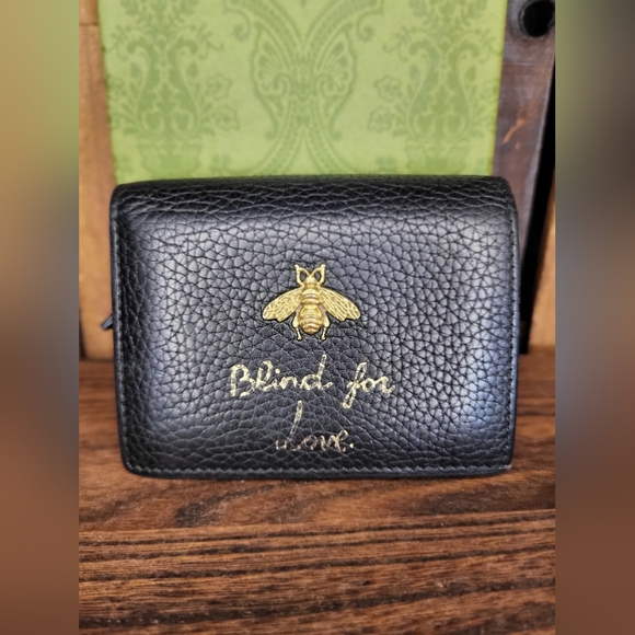Gucci Wallet Blind For Love Bee Black GG Foldover Snap - Picture 3 of 9